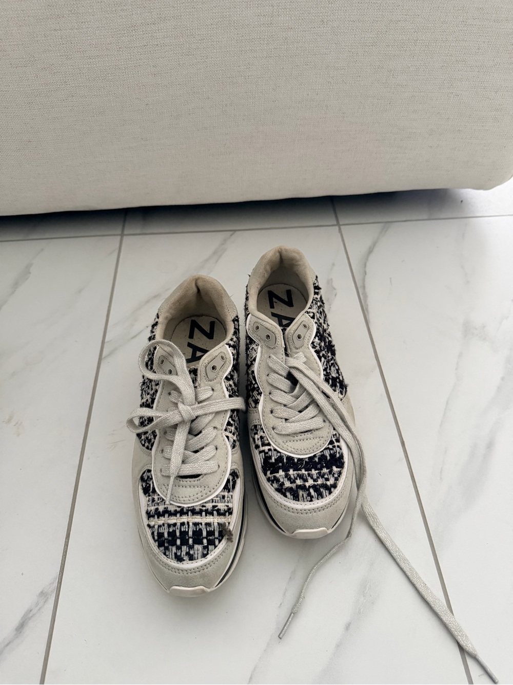 Zara Tweed-Pattern Lace-Up Sneakers in Cream and Black